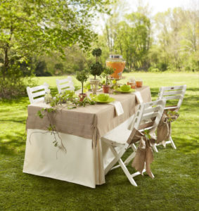 Ivory Polyester Custom Tablecloth and Faux Burlap Arcadia Topper